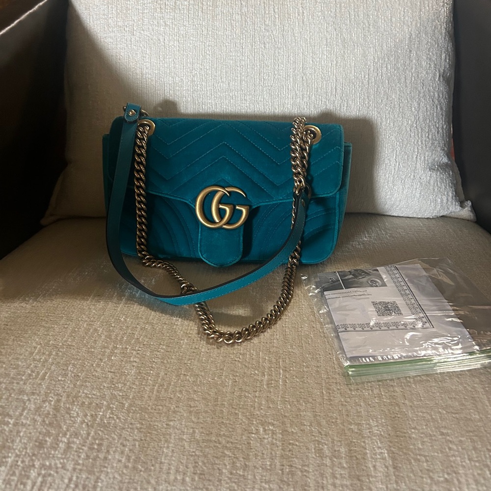 GG Teal velvet Marmont Metelasse chain bag